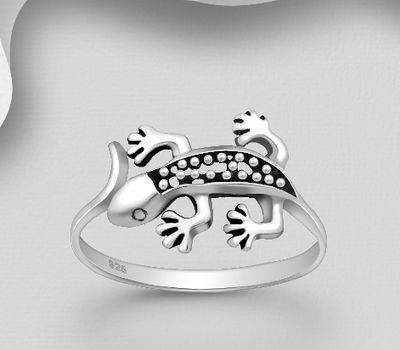 925 Sterling Silver Oxidized Gecko Lizard Ring