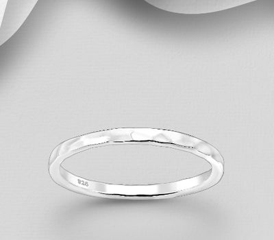 925 Sterling Silver Hammered Ring, 2 mm Wide