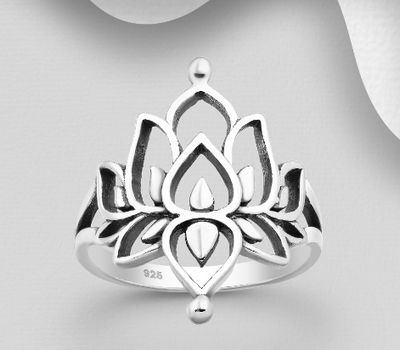 925 Sterling Silver Oxidized Lotus Ring