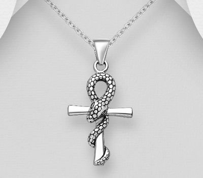 925 Sterling Silver Egyptian Cross Pendant, Featuring Snake Wrapped Around Cross