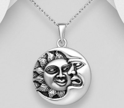 925 Sterling Silver Oxidized Crescent Moon Face Pendant Featuring Sun Design