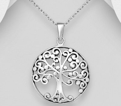 925 Sterling Silver Oxidized Tree Of Life Pendant, Featuring Swirl Design