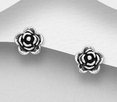 925 Sterling Silver Oxidized Flower Push-Back Earrings