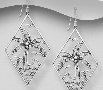 925 Sterling Silver Oxidized Hook Earrings Featuring Coconut Tree, Birds and Waves