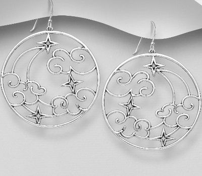 925 Sterling Silver Oxidized Hook Earrings Featuring Clouds, Moon and Stars