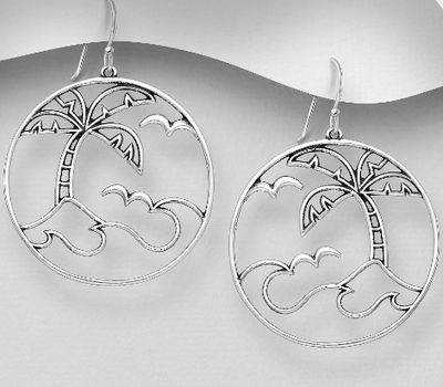 925 Sterling Silver Oxidized Hook Earrings Featuring Coconut Tree, Birds and Waves