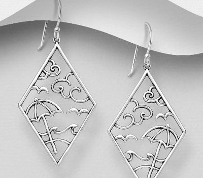 925 Sterling Silver Oxidized Hook Earrings Featuring Sun Umbrella, Clouds and Waves