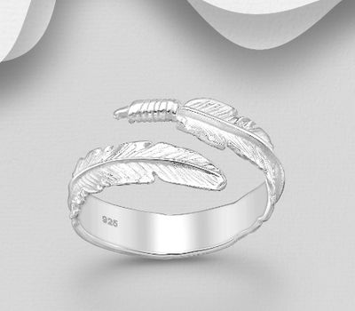 925 Sterling Silver Adjustable Unisex Feather Ring