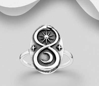 925 Sterling Silver Oxidized Ring, Featuring Infinity, Crescent Moon, Ouroboros and Star