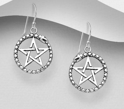 925 Sterling Silver Oxidized Pentagram and Ouroboros Hook Earrings