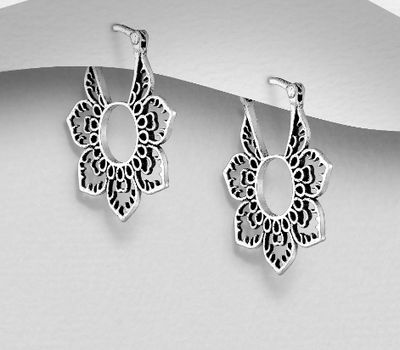 925 Sterling Silver Oxidized Flower Hoop Earrings