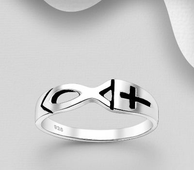 925 Sterling Silver Cross and Fish Symbol Ring