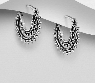 925 Sterling Silver Oxidized Hoop Earrings, Featuring Ball Design