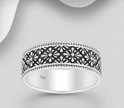 925 Sterling Silver Oxidized Band Ring Featuring Flower Pattern Design, 7 mm Wide.