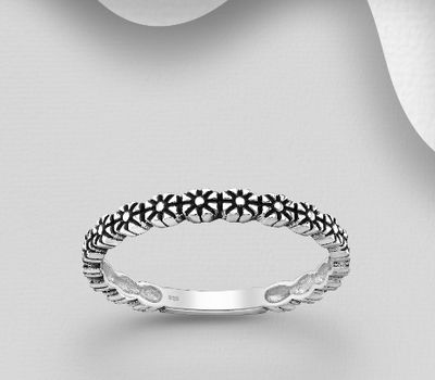 925 Sterling Silver Oxidized Flower Band Ring, 2 mm Wide