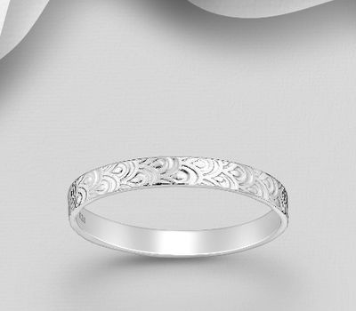 925 Sterling Silver Band Ring, Featuring Wave Pattern Design, 3 mm Wide.