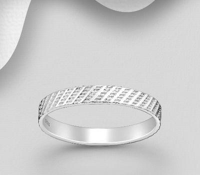 925 Sterling Silver Band Ring, Featuring Textured Pattern Design, 3 mm Wide.