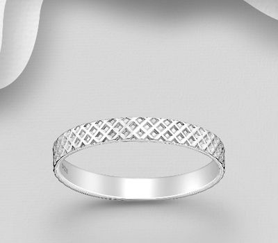 925 Sterling Silver Band Ring, Featuring Textured Pattern Design, 3 mm Wide.