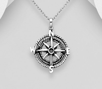 925 Sterling Silver Oxidized Compass Pendant