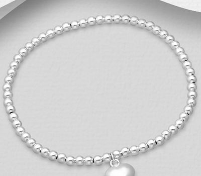 925 Sterling Silver Stretch Ball Beads Bracelet With Heart Charm