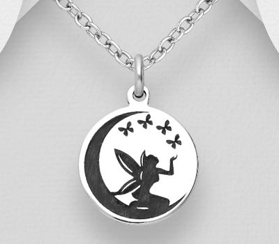 925 Sterling Silver Oxidized Pendant Featuring a Fairy Sitting on a Crescent Moon with Butterflies