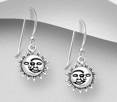 925 Sterling Silver Oxidized Moon and Sun Hook  Earrings