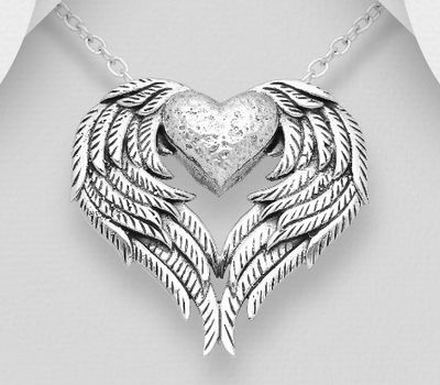 925 Sterling Silver Oxidize Wings and Heart Pendant