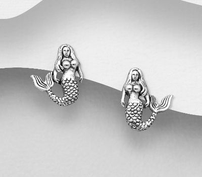 925 Sterling Silver Oxidized Mermaid Push-Back Earrings