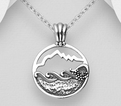 925 Sterling Silver Oxidized Mountain and Wave Pendant