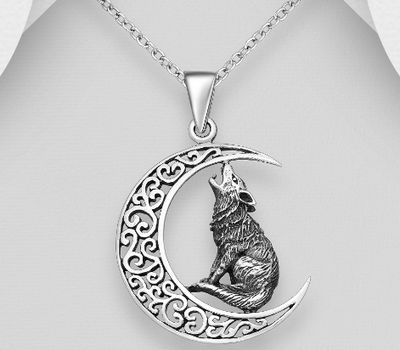 925 Sterling Silver Oxidized Moon and Wolf Pendant