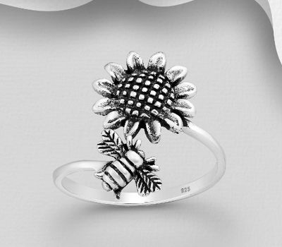 925 Sterling Silver Adjustable Oxidized Ring Featuring Bee and Sunflower