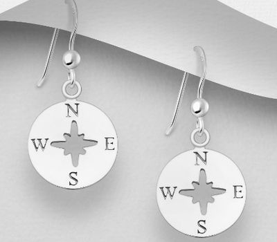 925 Sterling Silver Compass Hook Earrings