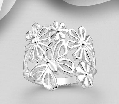 925 Sterling Silver Flower and Butterfly Ring