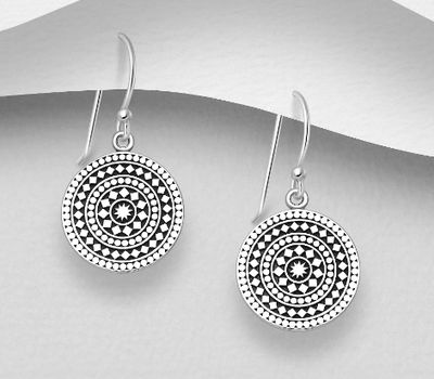 925 Sterling Silver Oxidized Circle Patterened Hook Earrings