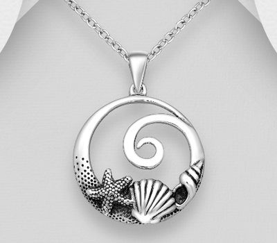 925 Sterling Silver Oxidized Shell, Starfish and Wave Pendant