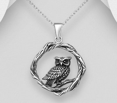 925 Sterling Silver Oxidized Owl Pendant