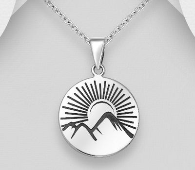 925 Sterling Silver Oxidized Pendant Featuring Sunset Behind Mountains