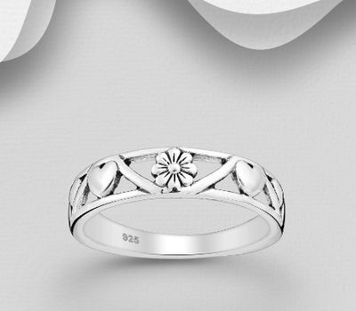 925 Sterling Silver Oxidized Flower and Heart Ring