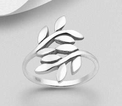 925 Sterling Silver Adjustable Ring Featuring Branch and Leaf.