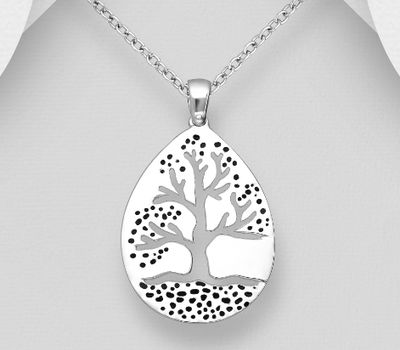 925 Sterling Silver Pear-Shaped Tree Of Life Pendant, Decorated with Colored Enamel