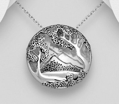 925 Sterling Silver Mountain and Tree Of Life Pendant, Decorated with Colored Enamel