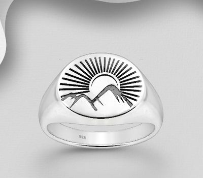 925 Sterling Silver Oxidized Ring Featuring Sunset Behind Mountains