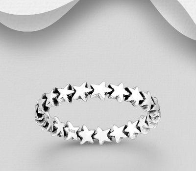 925 Sterling Silver Oxidized Star Band Ring, 4 mm Wide