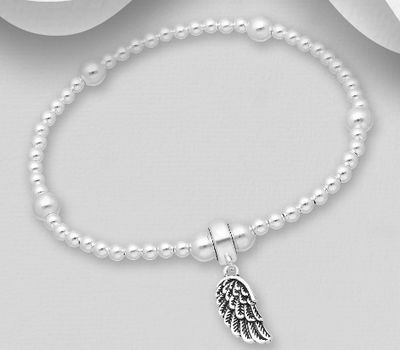 925 Sterling Silver Ball Stretch Bracelet Featuring Wing