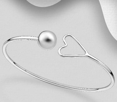 925 Sterling Silver Ball and Heart Cuff Bracelet