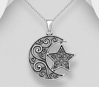 925 Sterling Silver Oxidized Crescent Moon Pendant, Featuring Star and Swirl Design