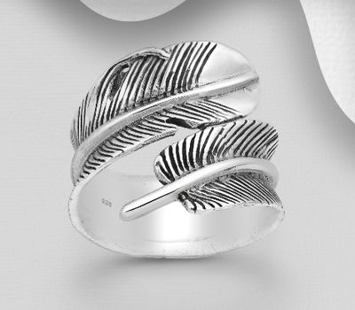 925 Sterling Silver Adjustable Oxidized Feather Ring