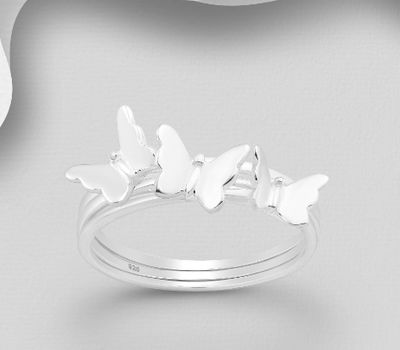 Set of 3 Sterling Silver Band Rings Featuring Butterflies