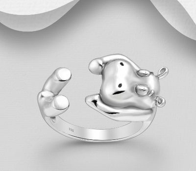 925 Sterling Silver Oxidized Adjustable Hippopotamus Ring