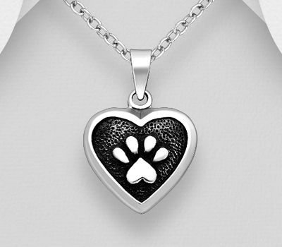 925 Sterling Silver Oxidized Heart and Paw Pendant